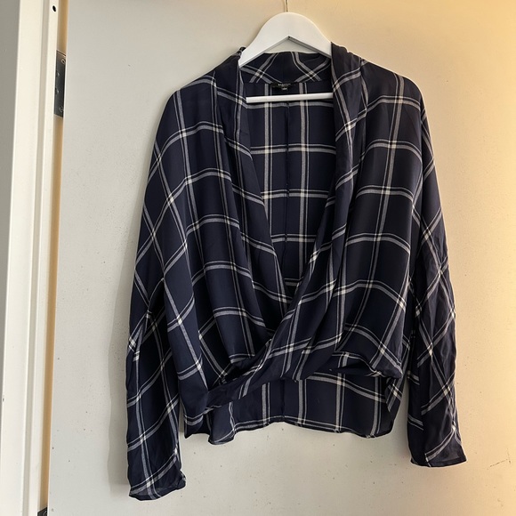 Aritzia Babaton Navy Silk Plaid Blouse - Picture 1 of 4